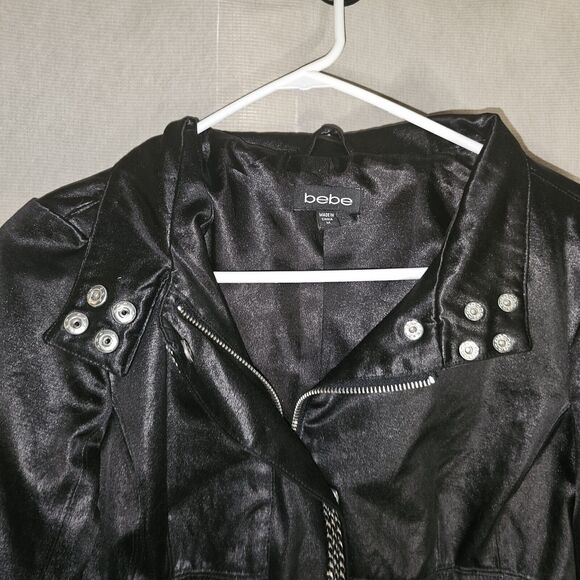 Bebe Studded Moto Jacket Womens Size Medium Black Satin Zip Up - Picture 3 of 10